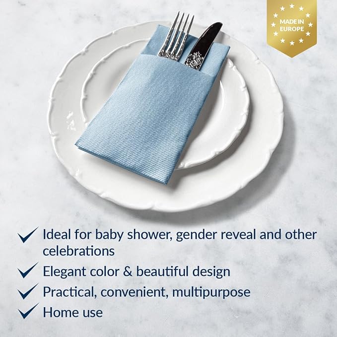 PAW - Baby Blue Linen Feel Napkins with Built-in Flatware Pocket, Airlaid Paper Pre-Folded Napkins for Silverware, Baby Shower, Gender Reveal, Wedding Party, Birthday, Monocolor, 50 Count