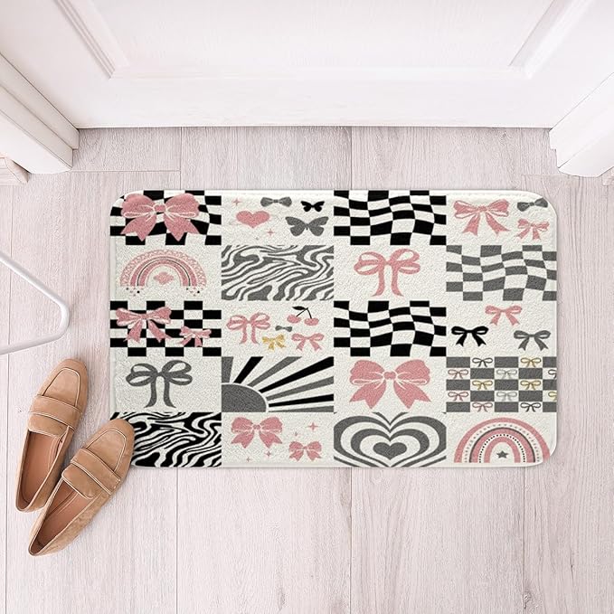 Pink Bowknot Kids Bath Mats,Geometric Plaid Grid Checkered Mats Rugs for Girls,Bow Tie Rainbow Stripe Abstract Bath Carpets,Black White Chic Bath Rugs,Absorbent Floor Mats,20Wx32L Inches