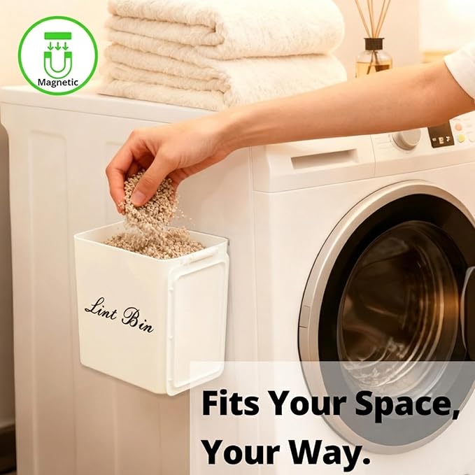 Artilife Magnetic Plastic Lint Bin with Lid for Laundry Room, 6 X 5 Inch Compact Wall Mount Lint Holder for Dryer, Small White ABS Trash Can for Dryer Lint and Sheets