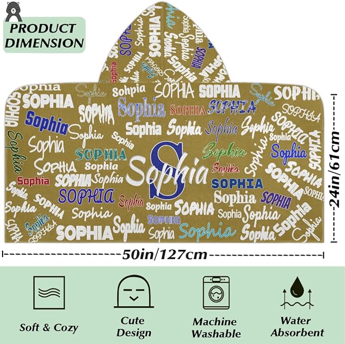 Personalized Hooded Towel Kids Beach Towels Name, Custom Toddlers Cotton Wrap Towel for Shower Beach Trip Pool, Solid Olive Color