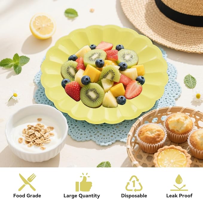 50Pcs Large Scalloped Yellow Paper Plates 7Inch Shell Edge Dessert Plates for Cake Salad Fruit Disposable Dessert Serving Plates for Birthday Wedding Baby Shower Party Decorations