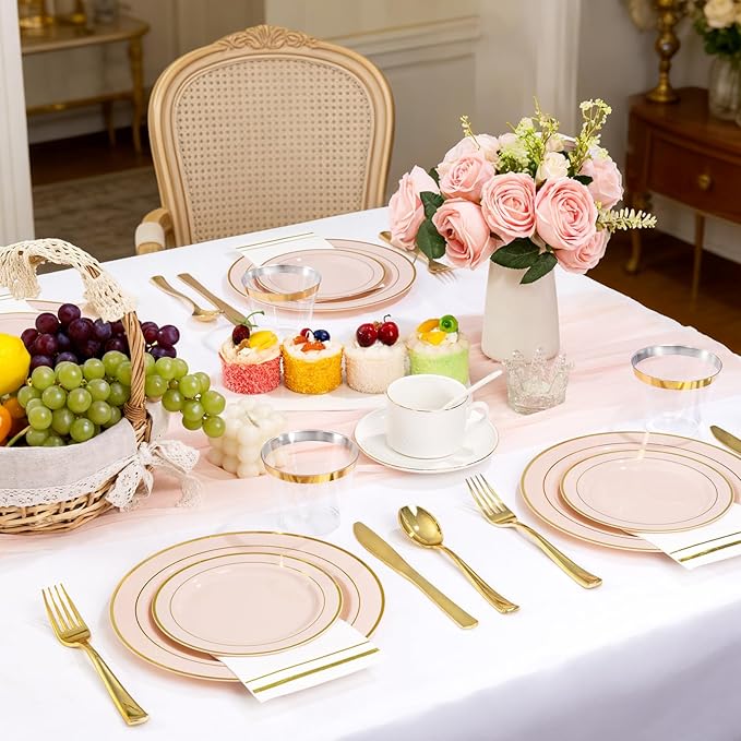 GATHER 350PCS Pink Plastic Plates - Disposable Plastic Dinnerware Set Include 100 Pink Plates, 150 Silverware, 50 Napkins, 50 Cups for Party & Wedding & Baby Shower