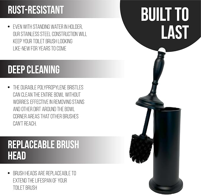 Splash Home Buena Stainless Steel Toilet Brush with Holder, Bowl Scrubber with Durable Cleaning Bristles, Hidden Brush with Splash Protective Disc Design - Matte Black