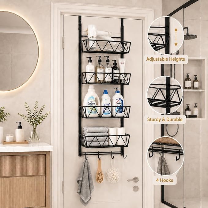 Bathroom Storage and Organizer Rack Hair Dryer Holder,Hair Tool Organizer,4-Tier Over The Door Organizer Adjustable Height, for Bathroom Laundry Cosmetic, Vanity, Kitchen