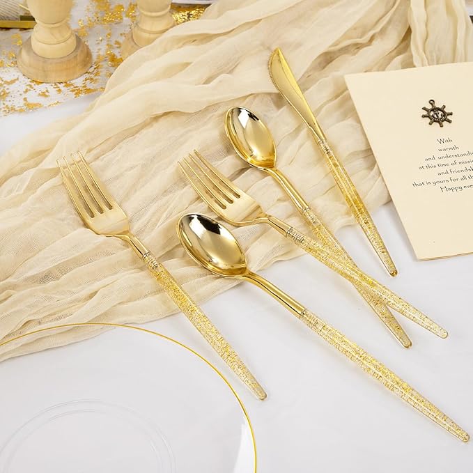 Liacere 150PCS Clear Gold Plastic Plates - Gold Plastic Silverware with Glitter Handle - Clear Disposable Plates Include 30 Guests Plates, Forks, Spoons, Knives for Wedding & Party