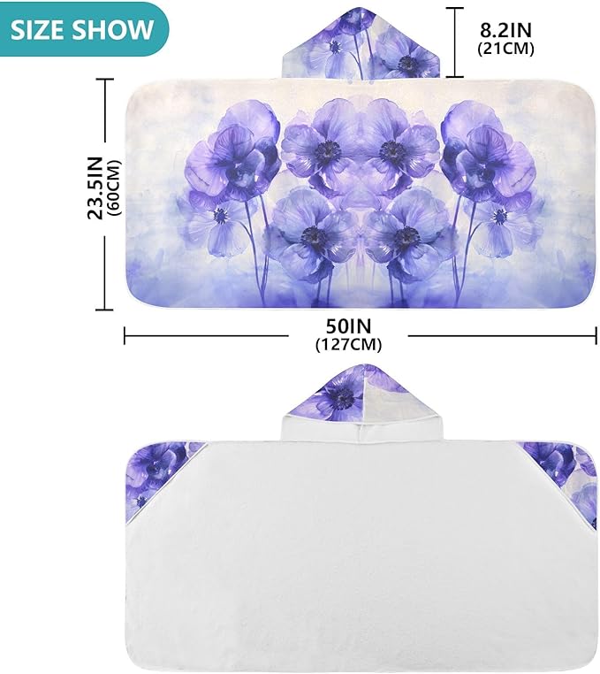 Hooded Towel for Kids Purple and Blue Flowers Water Color Beach Wrap Bath Towels 50x23.5in