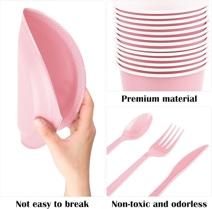 Aodaer 200 Pieces Pink Party Supplies Disposable Dinnerware Set Include Plastic Plates Cups Knives Forks Spoons Paper Napkins for Birthday Wedding Graduation Parties, Serve 25 Guests