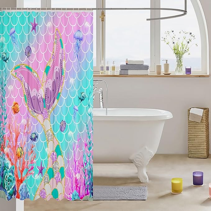 Mermaid Tail Waterproof Shower Curtain,Kids Fish Scales Bath Curtain 72"Wx72"L,Girly Rainbow Shower Curtain Ocean Life Sea Animal Curtains Teal Sequins Pastel Pink Paillette Bathroom Decor,Multicolor