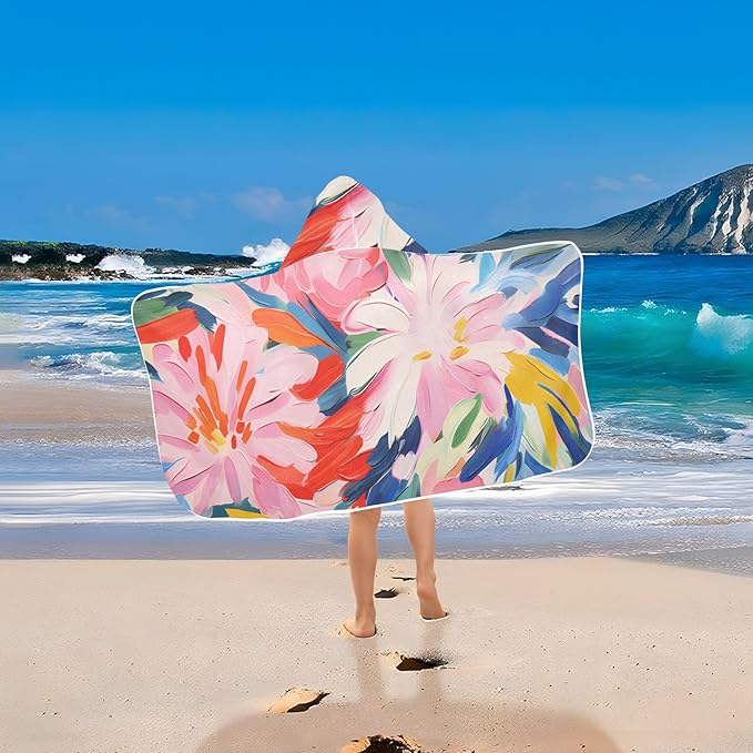 Hooded Towel for Kids Artistic Floral Pattern Beach Wrap Bath Towels 50x23.5in