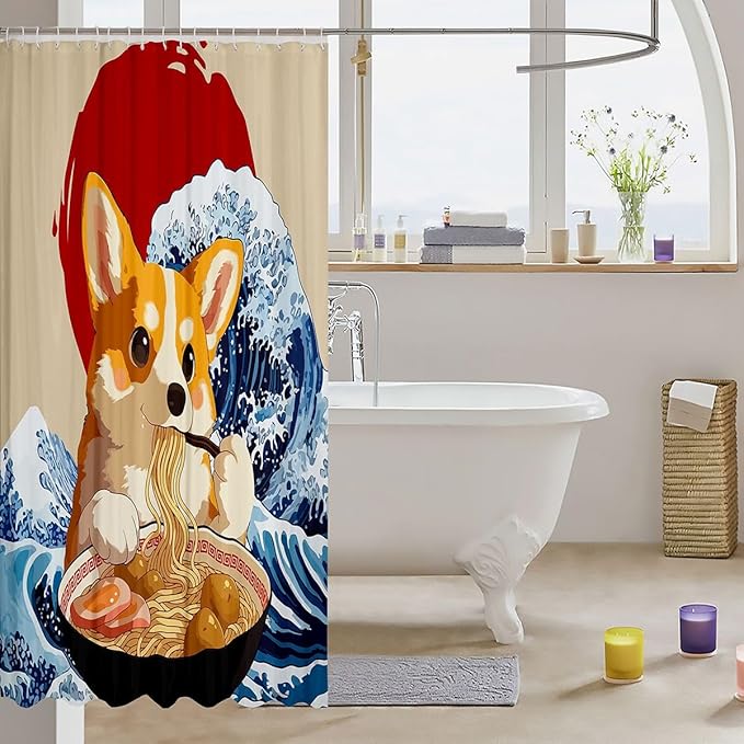 Japanese Corgi Dog Shower Curtain Set,Funny Dog Eat Noodles Bathroom Curtain ,Kids Girls Boys Japan Anime Sunset Wave Waterproof Curtains Cartoon Animal Bathtub Decor with 12 Hooks,72"W x 72"L