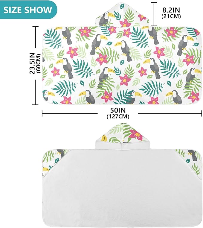 susiyo Kids Hooded Bath Towel Toucan Flowers Beach Towel for Kids 23.5 x 50 Inch Microfiber Soft Absorbent Quick Dry Bath Swim Pool Towel Wrap Poncho Bathrobe with Hood for Kids Toddler