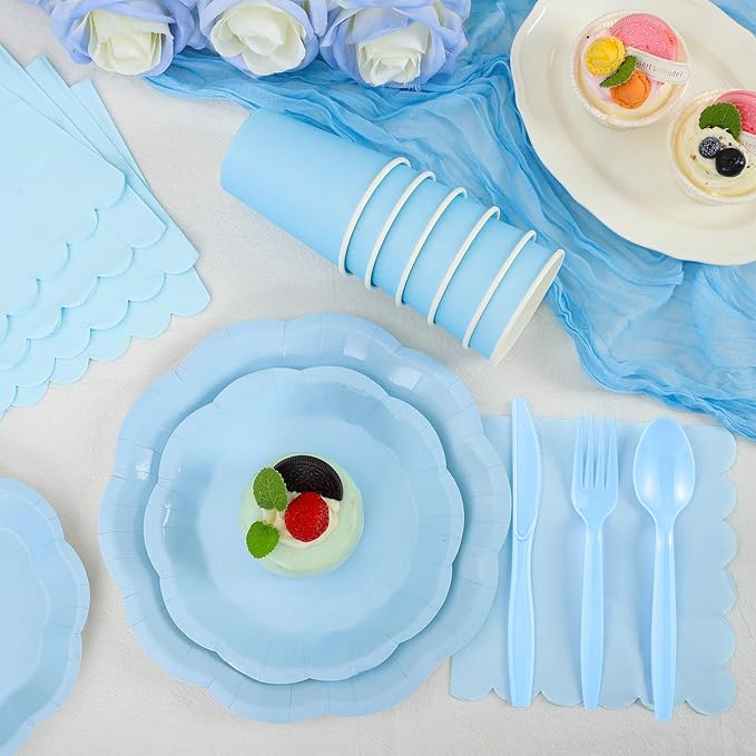 NatNarr 175 Pcs Light Blue Plates and Napkins Set, 25 Guest Blue Party Supplies Include Scalloped Plates Napkin Cup Forks Knives Disposable Plastic Cutlery for Wedding Boy Baby Shower Birthday