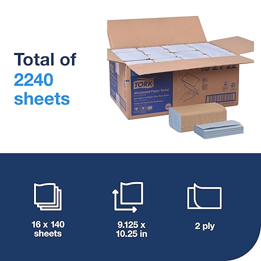 Tork Folded Windshield Paper Towel Blue H22, Extra Absorbent, 16 x 140 Towels, 192122