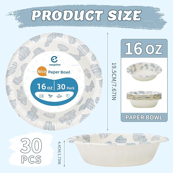 30 Pack Paper Bowls, 16 Oz Disposable Soup Bowl, Heavy Duty Printed Disposable Bowls Bulk For Snacks, Dessert, Breakfast, Lunch And Dinner Meals (Plain Spots)