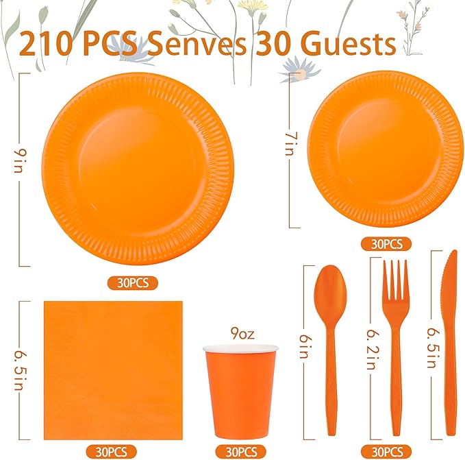 210pcs Orange plates and napkins party supplies - Plastic Silverware Cutlery, Paper Cups and Plates, Napkins Suitable for parties and birthdays Serves 30 (Orange)