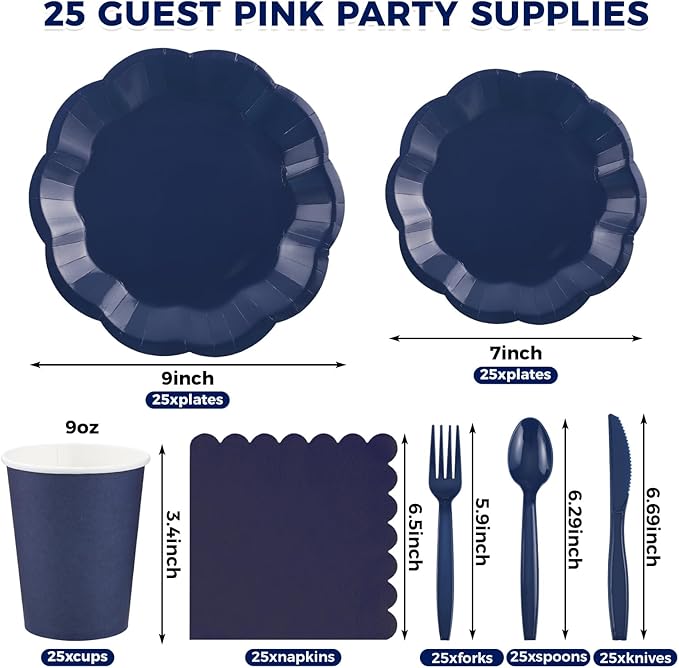 NatNarr 175 Pcs Navy Blue Plates and Napkins Set, 25 Guest Navy Blue Party Supplies Include 9" Graduation Plates & 7" Cake Plate Disposable Plastic Cutlery for Birthday Graduation Party Wedding