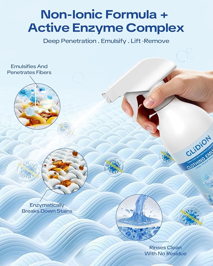 Clothing Emulsifier, Non-Ionic Laundry Pre-Treatment, Stain Remover for Oil, Sweat, Cosmetic & Food Stains, Active Enzyme Fabric Cleaner, 10 FL OZ (308ml)
