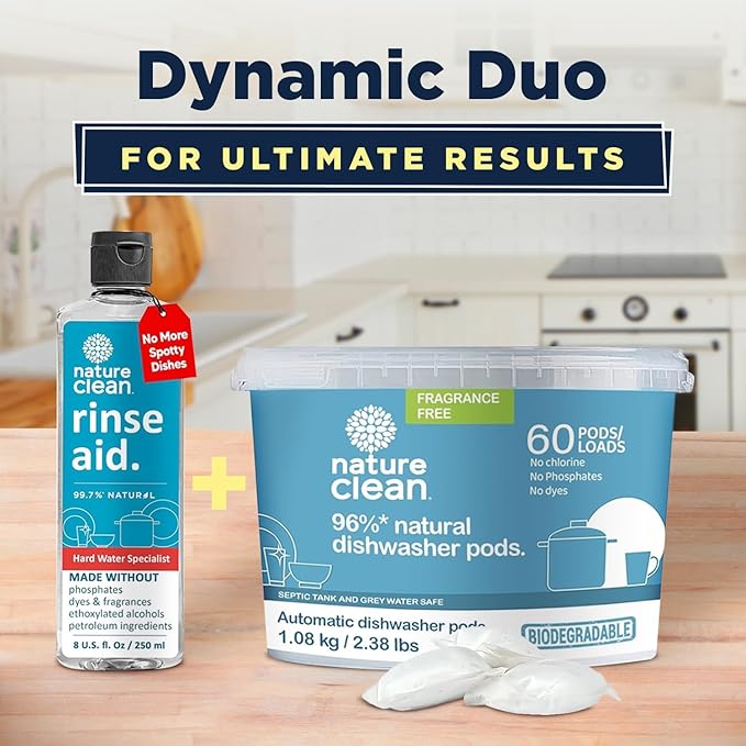 Nature Clean Dishwasher Rinse Aid Liquid, Non Toxic Natural Formula, Spot Free Shine for Glasses & Dishes, Hard Water Stain Remover, Dishwasher Drying Agent, 8 oz/250 ml Pack of 3