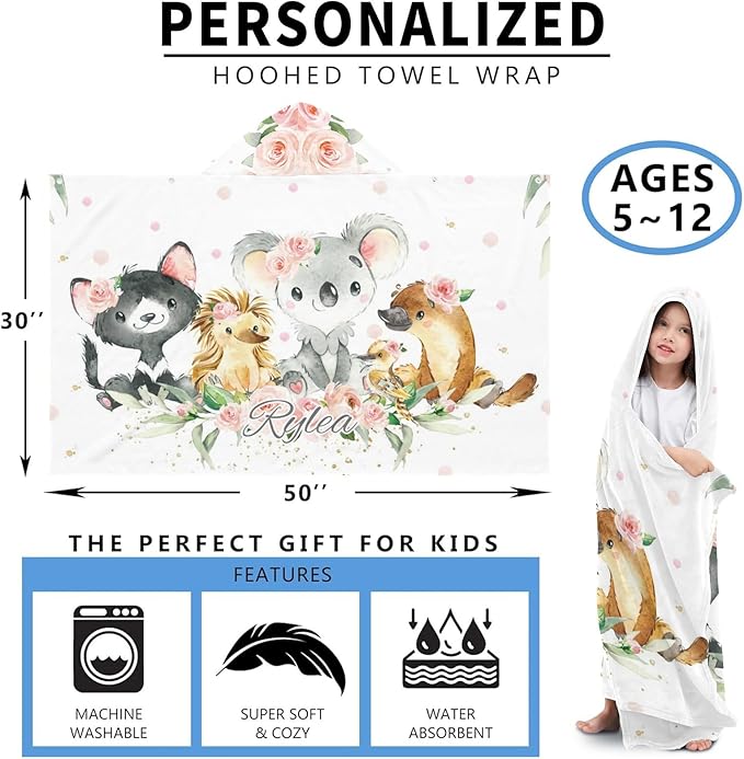Jungle Safari Animal Personalized Kids Hooded Towel with Name Soft Absorbent Beach Pool Bath Towels Hood Poncho for Boys Girls