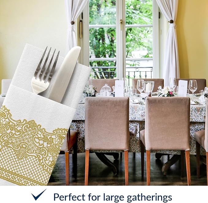PAW - Linen Feel Napkins with Built-in Flatware Pocket, Soft and Absorbent Paper Pre-Folded Napkins with Gold Lace, Elegant Guest Towels, Wedding Party, Dinner, Birthday, Gatherings, 50 Count