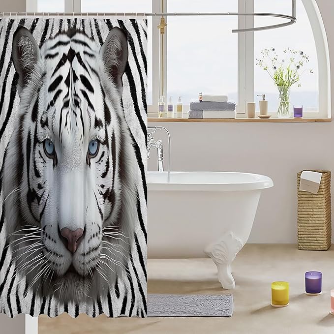 White Tiger Shower Curtain 72"Wx72"L 3D Animal Print for Kids Boys Teens Bath Curtain Chic Design Grey Tiger Waterproof Shower Curtain Wild Safari Theme Decor for Bathroom Showers,Stalls,and Bathtubs