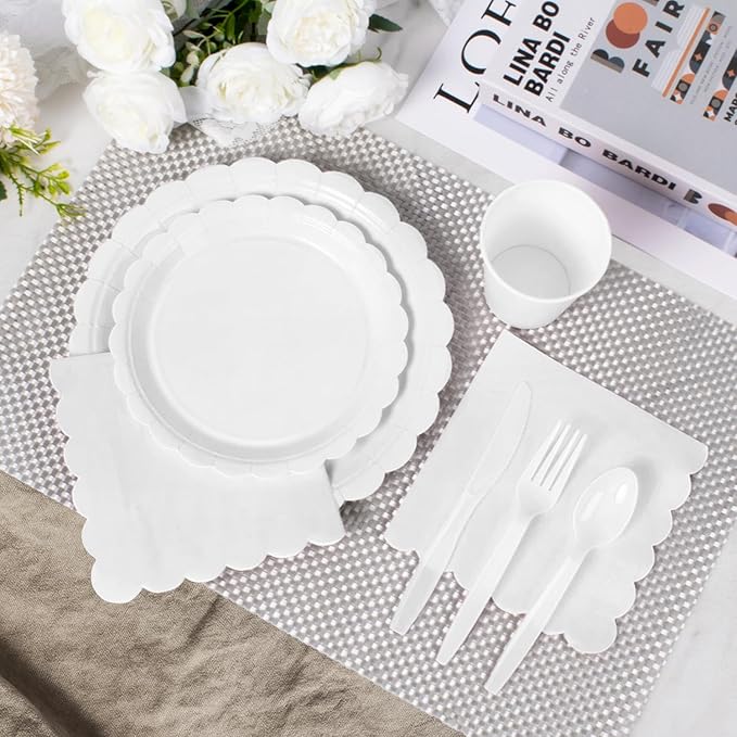 Vyntra 350 Pcs White Disposable Paper Plates and Napkins Set for 50, 9" Dinner Plates & 7" Dessert Plates, Tableware for Wedding, Bridal Shower, Birthday, Party