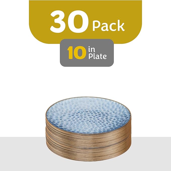 PLASTICPRO 30 Pack Hammered Plastic Plates Heavyweight Disposable Plastic Plates Elegant Clear Hammered Rim Platsic Party Dishes (Blue With Gold Rim, 10'' INCH PLATES)