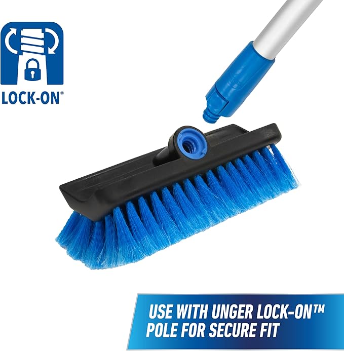 Unger Professional Lock-On HydroPower 10” Bi-Level Soft Wash Brush, Compatible with Waterflow Poles, Outdoor Cleaning Supplies, Great for Patios, Siding, Windows, Cars, and Boats