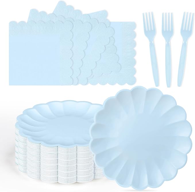 75 Pcs Blue Paper Plates and Napkins, Baby Blue Tableware Set Include Light Blue Scalloped Plates with Shell Edge, Napkins & Plastic Forks for Wedding Baby Shower Birthday Party, Serve for 25 Guests