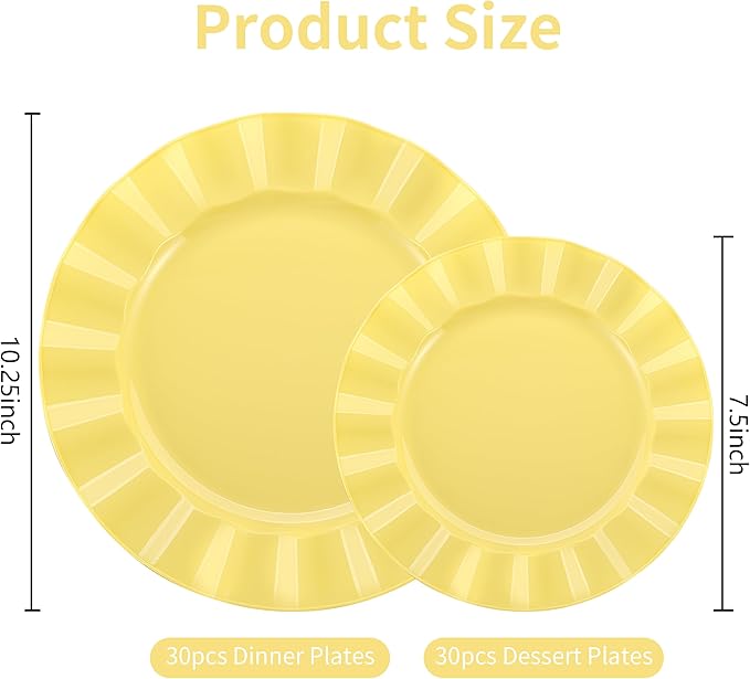 60Pcs Yellow Plates, Heavy Duty Ware Yellow Plastic Plates Disposable, Fancy 30 Dinner & 30 Dessert Plates for Spring Easter Party Wedding(30Guests)