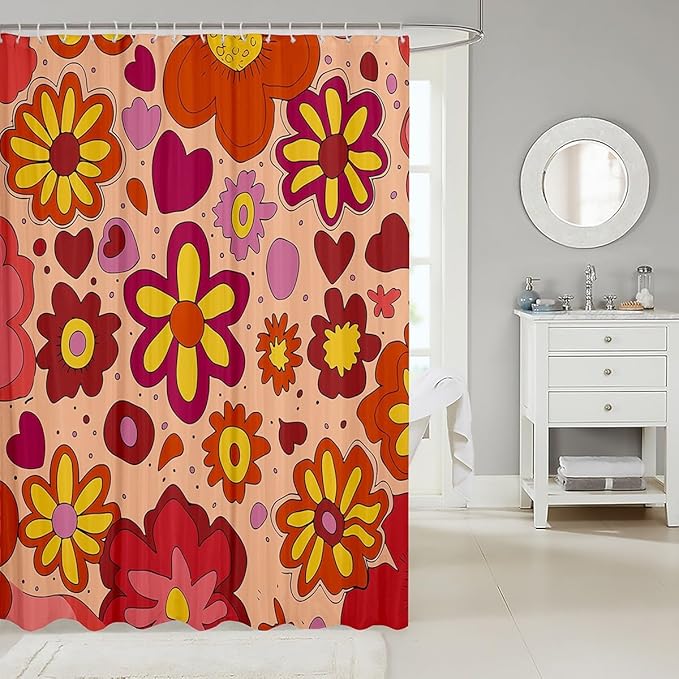 Vintage Boho Plant Floral Shower Curtain 60S 70S Groovy Rainbow Bathroom Shower Curtain Set for Boys Teens Retro Hippie Flower Bath Curtain Abstract Art Colorful Kids Bathroom Accessories 72"x84"