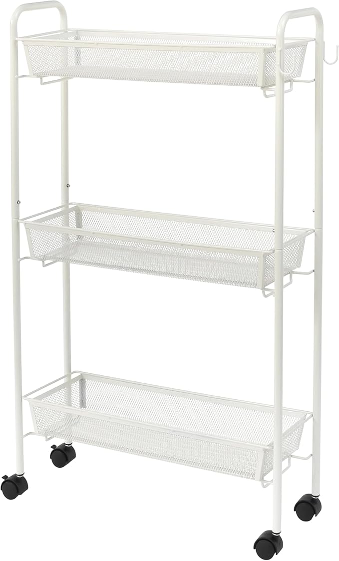 White 3-Tier Rolling Bathroom Storage Cart, Slim Freestanding Mobile Shelving Unit with Sturdy Hooks, Space-Saving Utility Rolling Cart for Home Organization