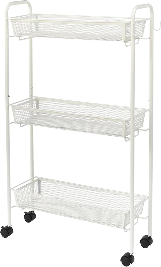 White 3-Tier Rolling Bathroom Storage Cart, Slim Freestanding Mobile Shelving Unit with Sturdy Hooks, Space-Saving Utility Rolling Cart for Home Organization