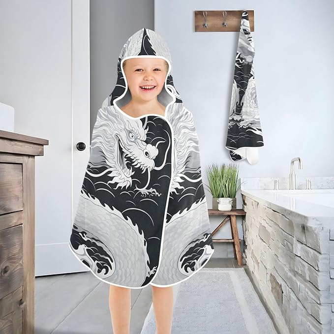 Hooded Towel for Kids Dragon in The Wave Beach Wrap Bath Towels 50x23.5in