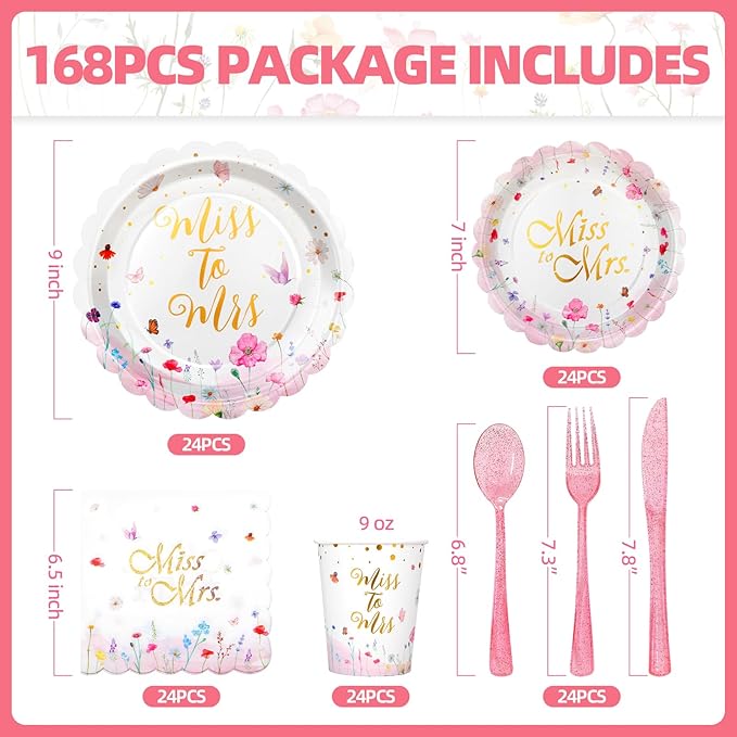 Wildflower Bridal Shower Decorations, Bridal Shower Plates and Napkins Sets 168Pcs, Miss to Mrs Wildflower Plates Serves 24, Love is In Bloom, Wedding Shower, Engagement Party