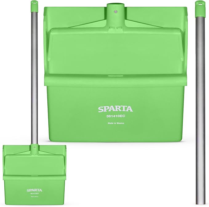 SPARTA Upright Dustpan with Aluminum Handle, Serrated Edge for Broom Combing, Secure Yoke Lock with Easy Storage Hanging Hole for Commercial Cleaning, Plastic, 30 Inches, Lime