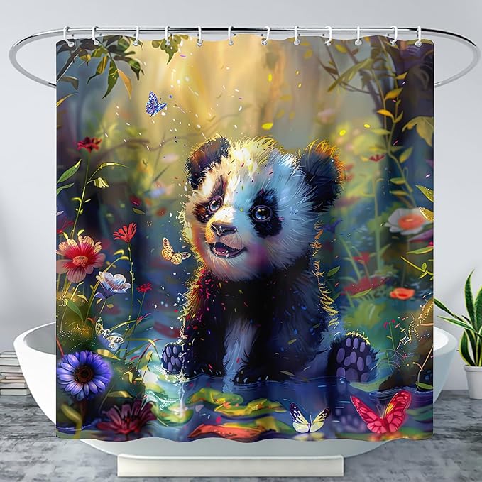 AILONEN Kawaii Panda Shower Curtain Set,Cute Animal Bathroom Decor for Kids Boys Girls,Floral Panda Waterproof Fabric Polyester Bath Curtain with Hooks,72" Wx72 H