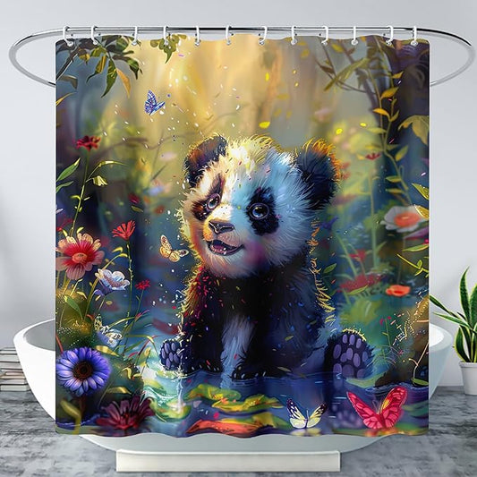 AILONEN Kawaii Panda Shower Curtain Set,Cute Animal Bathroom Decor for Kids Boys Girls,Floral Panda Waterproof Fabric Polyester Bath Curtain with Hooks,72" Wx72 H