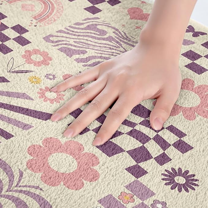 Cute Daisy Flowers Kids Bath Mats,Geometric Plaid Checkered Patchwork Checkerboard Mats Rugs for Girls,Rainbow Stripe Grid Bath Carpets,Purple Bath Rugs,Absorbent Floor Mats,20Wx32L Inches