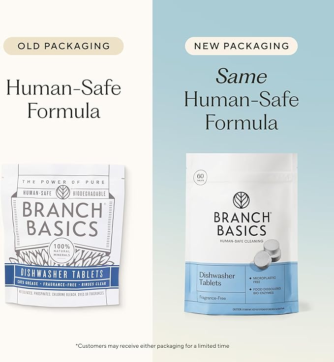 Branch Basics Dishwasher Tablets – 120 Ct | Plastic-Free, Fragrance-Free, Human-Safe | Delivers a Powerful Clean Without Harsh Chemicals (60 Count, Pack of 2)