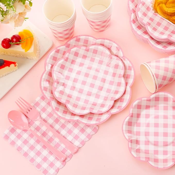 175 Pcs Pink Gingham Plates and Napkins Party Supplies - Pink and White Checkered Plates Sets Serve 25 Guests - Scalloped Gingham Paper Plate for Birthday Wedding Picnic Mother's Day Party Decorations
