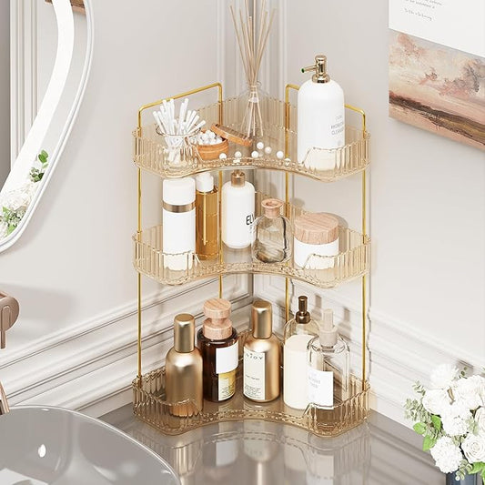 3-Tier Corner Bathroom Counter Organizer, Plastic Bathroom Organizer Countertop, Makeup Organizer for Vanity Perfume Tray Holder for Corner Storage, Amber