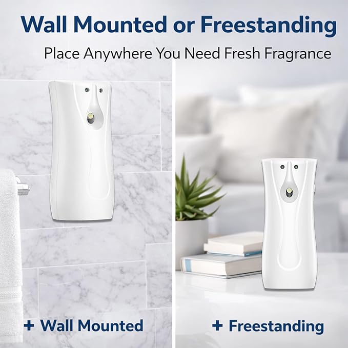 Automatic Air Freshener Dispenser 2-Pack with Remote, Battery Operated Wall Mount or Freestanding Spray, Adjustable Timer for Bathroom, Office & Home (WHITE)