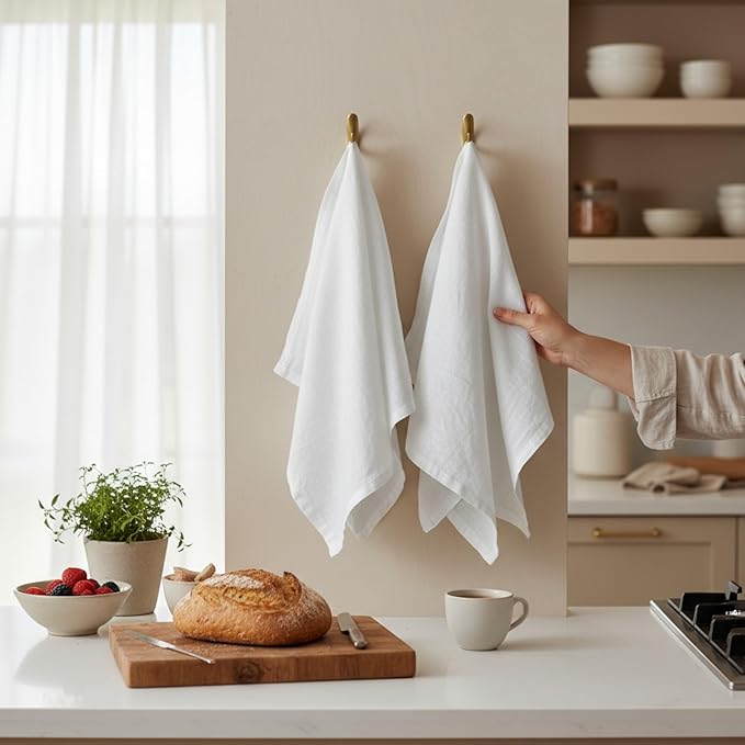 Linen Kitchen Dish Towels - 20 x 27 inch – 100% Pure Stonewashed Linen Hand Towel/Tea Towel - Set of 2 (White)