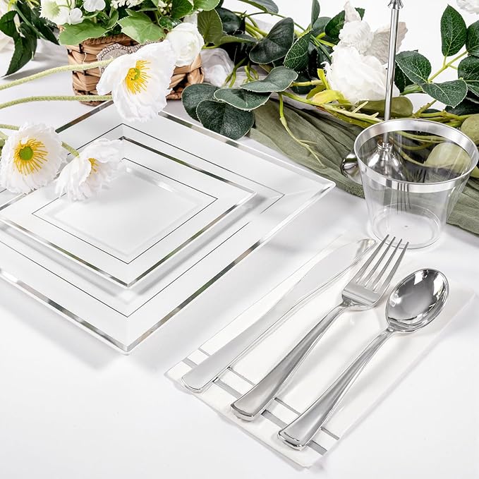 Festiva 350Pcs Silver Plates - Silver Square Plastic Plates 9 .5" and 6" - serve for 50 guests include 50 Cups 50Plastic Cutlery 50Hand Napkins Perfect for Party&Wedding&Birthday