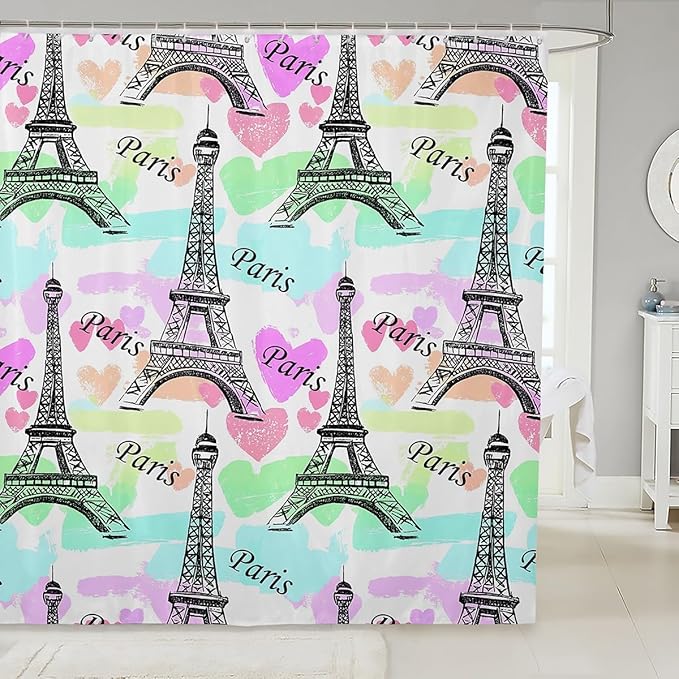 Feelyou Eiffel Tower Shower Curtain for Kids Paris Rainbow Boys Girls Bathroom Shower Curtain Set France Paris Decor Bath Curtain Decor Trip Design Pink Green Kids Bathroom Accessories 72"x84"