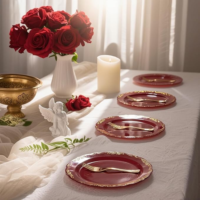 LIYH 100 Pcs Burgundy Gold Plastic Dessert Plates with 100 Pcs Gold Dessert Forks, Disposable Red Salad Plates Includes 100 Appetizer Plate 7.5"and 100 Golden Cake Forks 5 "