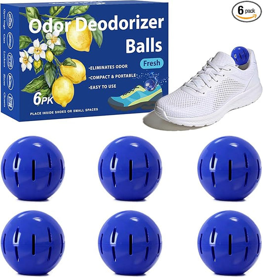 Sneaker Deodorizer Shoe Freshener Balls 6 Pack Fresh Scent, Small Spaces Odor Eliminator for Gym Bags, Cars and Lockers, Long-Lasting Odor Control, No Twist Just Drop In