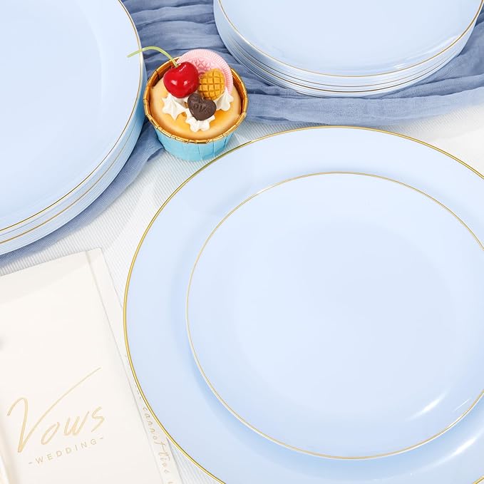 PULOTE 100PCS Blue Plastic Plates - Disposable Light Blue Include 50 Dinner & 50 Dessert/Salad Plates for Party, Wedding & Birthday