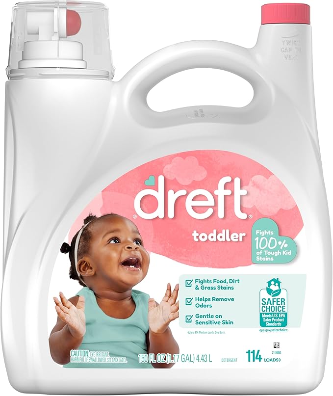 Dreft Toddler Liquid Laundry Detergent, Gentle on Sensitive Skin Laundry Soap, 150 fl oz, 114 Loads (Packaging May Vary)